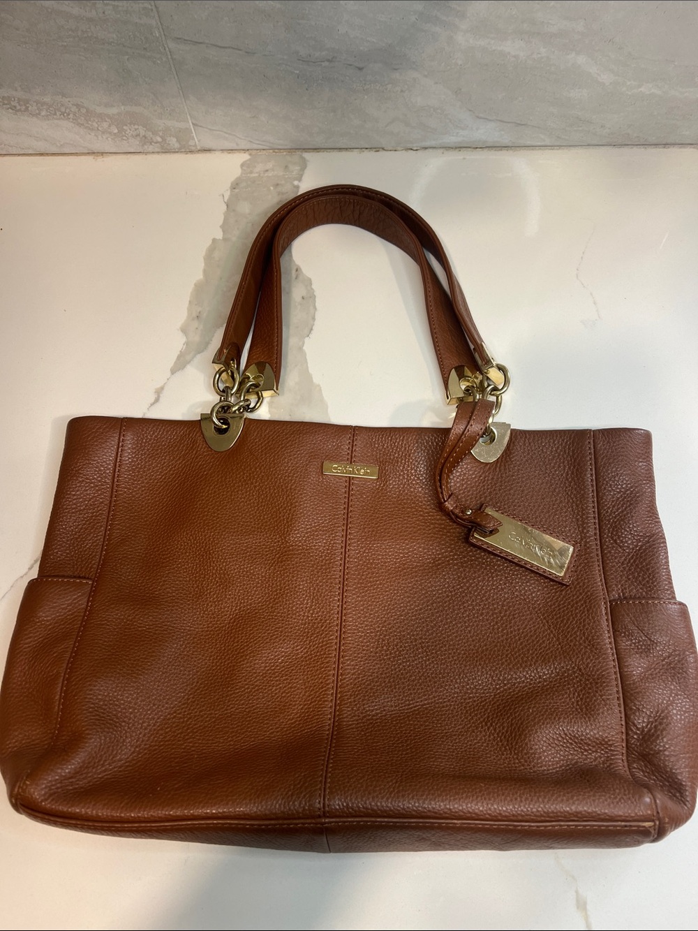 Calvin Klein Brown Pebble Leather Tote with Gold Hardware